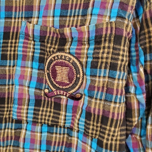 Savage Fenty Women Sleepwear Medium Blue Plaid Button Up Shirt Flannel Collar - Picture 8 of 10